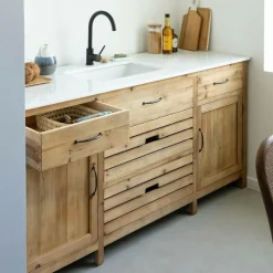 Made in Meubles Meuble de cuisine en vieux pin et marbre blanc Epure