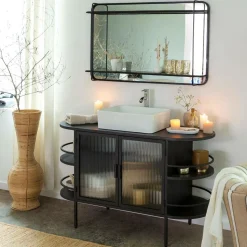 Made in Meubles Meuble sous vasque arrondi en métal et verre strié Elizabeth