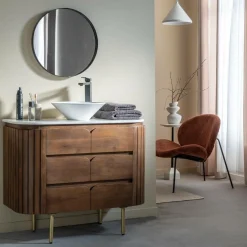 Made in Meubles Meuble sous vasque en bois de manguier et marbre Sienne