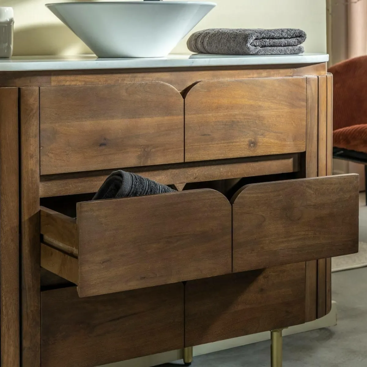 Made in Meubles Meuble sous vasque en bois de manguier et marbre Sienne