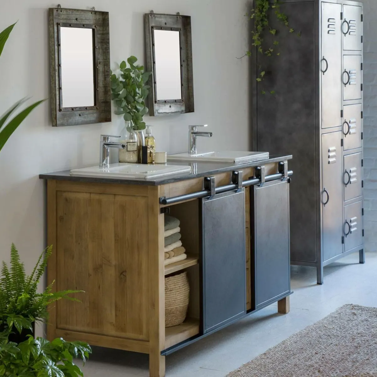 Made in Meubles Meuble sous vasque en bois recyclé et métal Jade