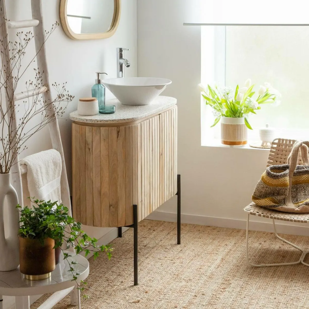 Made in Meubles Meuble sous vasque en bois de manguier et terrazzo Lou