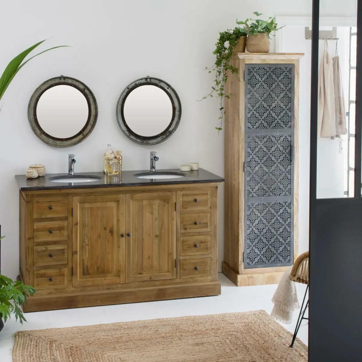 Made in Meubles Meuble sous vasque en bois recyclé Ambre
