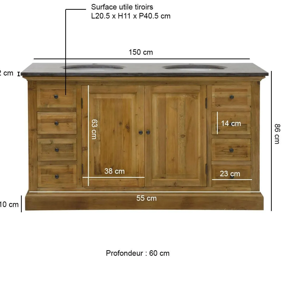 Made in Meubles Meuble sous vasque en bois recyclé Ambre