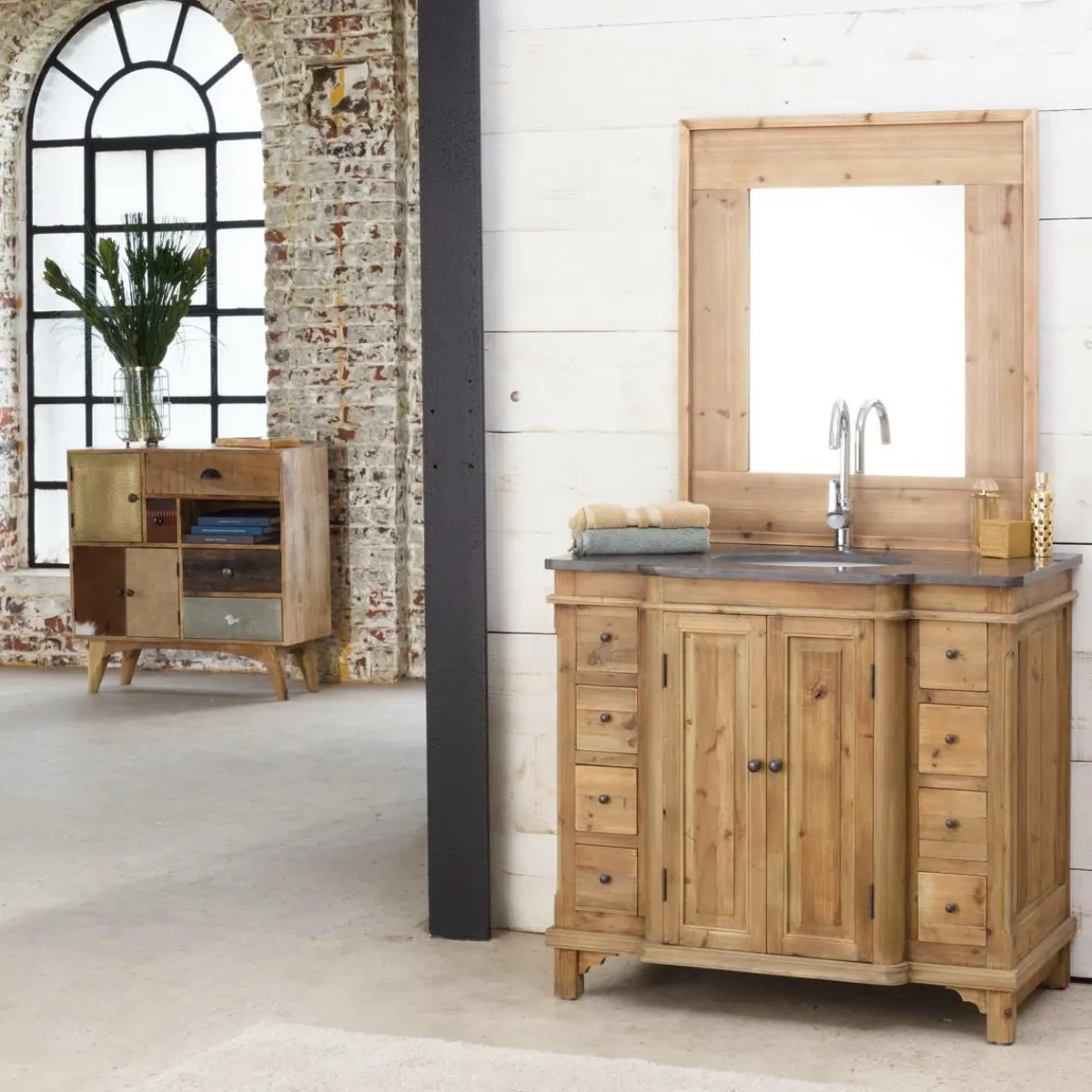 Made in Meubles Meuble sous vasque en bois recyclé Bianca