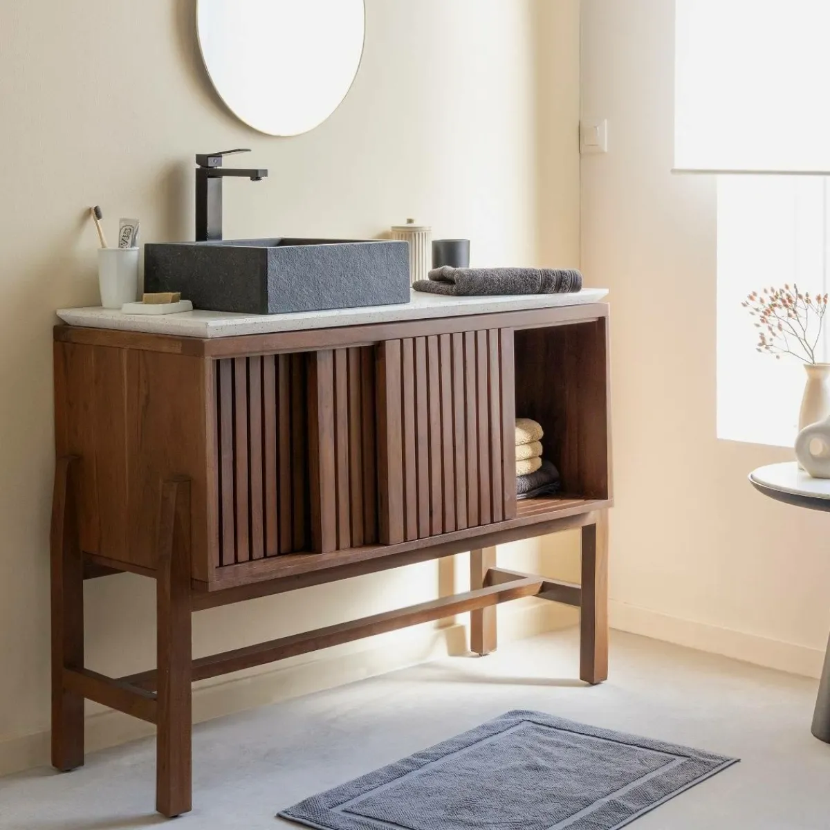 Made in Meubles Meuble sous vasque en bois d'acacia et terrazzo Kaelis