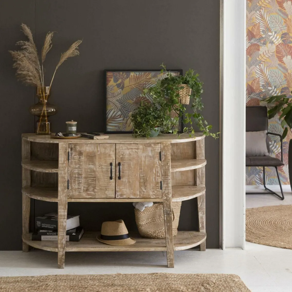 Made in Meubles Meuble sous vasque en bois de manguier blanchi Sienna