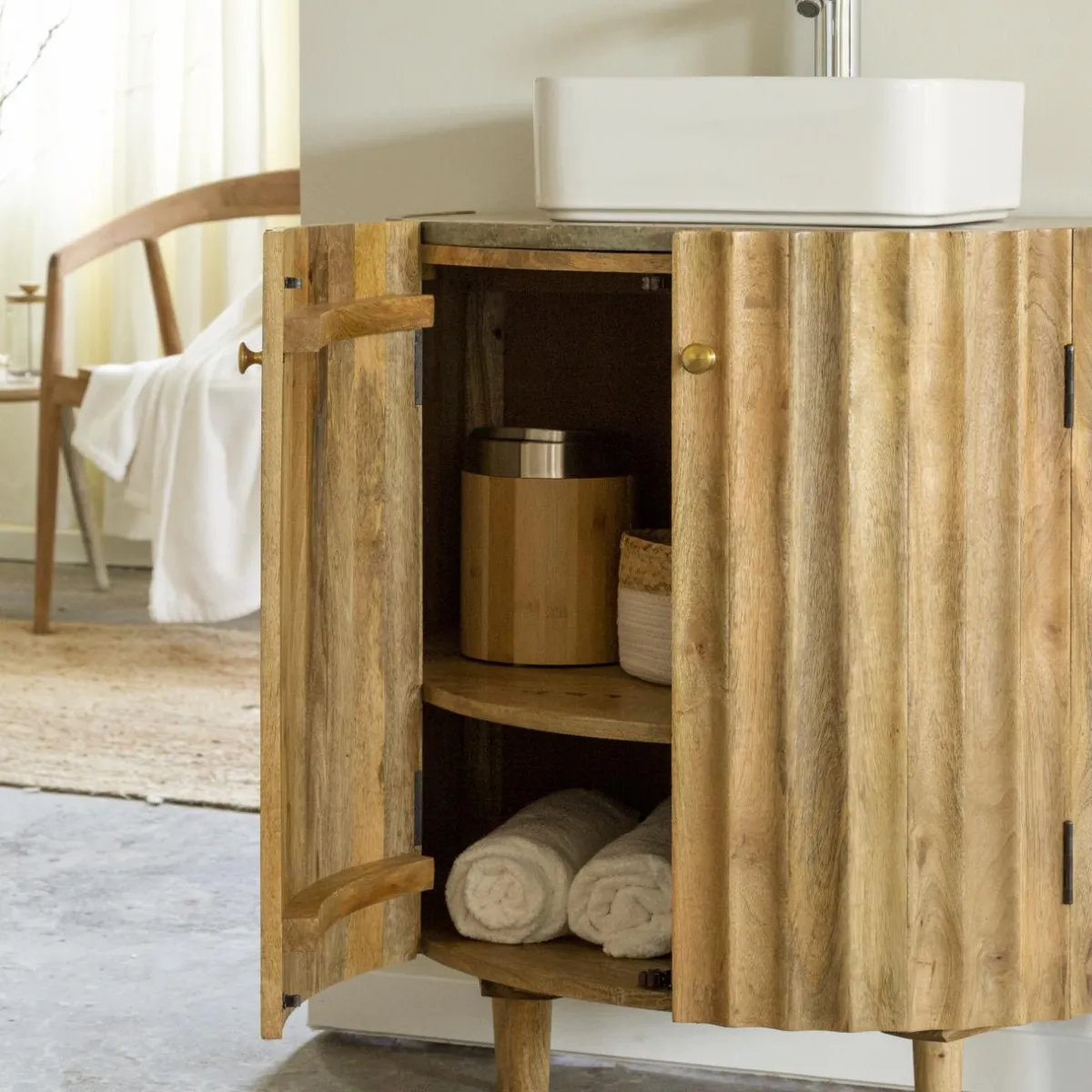 Made in Meubles Meuble sous vasque en bois de manguier et terrazzo Bao