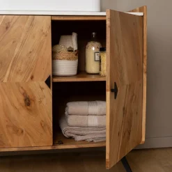 Made in Meubles Meuble sous vasque en bois d'acacia et marbre Aloé