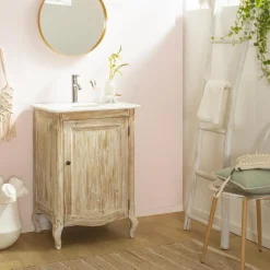 Made in Meubles Meuble sous vasque en pin recyclé blanchi et marbre blanc Gemma
