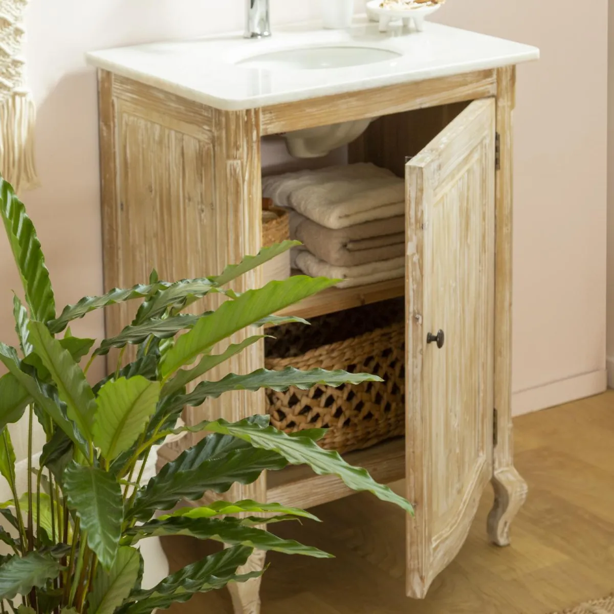 Made in Meubles Meuble sous vasque en pin recyclé blanchi et marbre blanc Gemma