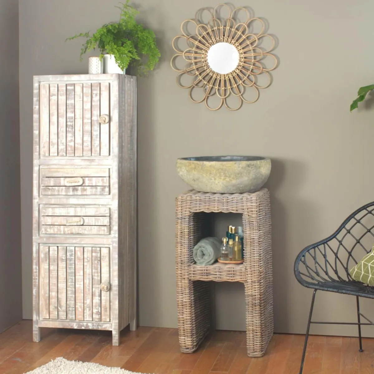 Made in Meubles Meuble sous vasque en rotin Rattan