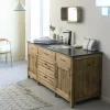 Made in Meubles Meuble sous vasque en vieux pin et pierre bleue Garance