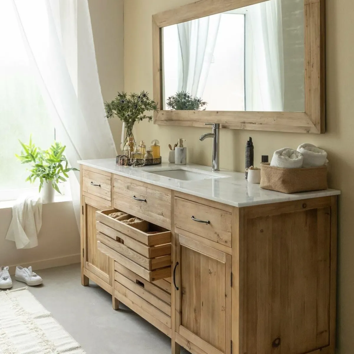 Made in Meubles Meuble sous vasque en vieux pin et marbre blanc Nils