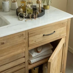 Made in Meubles Meuble sous vasque en vieux pin et marbre blanc Nils