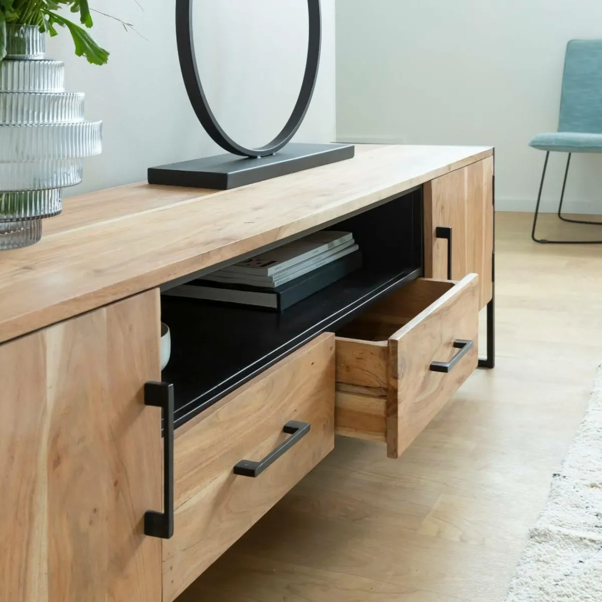 Made in Meubles Meuble TV en bois d'acacia et métal Bosco