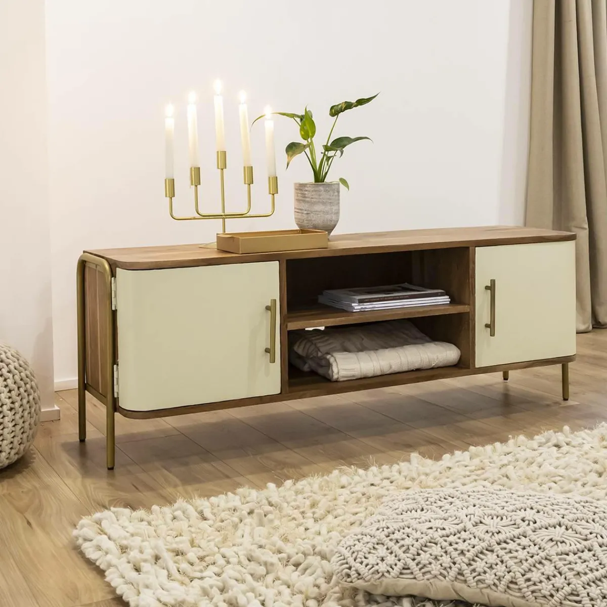 Made in Meubles Meuble TV en bois d'acacia et métal Andrès