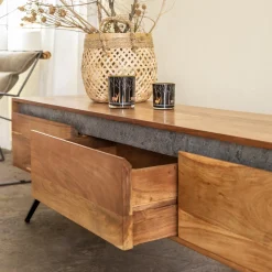 Made in Meubles Meuble TV en bois d'acacia et pierre Yvan