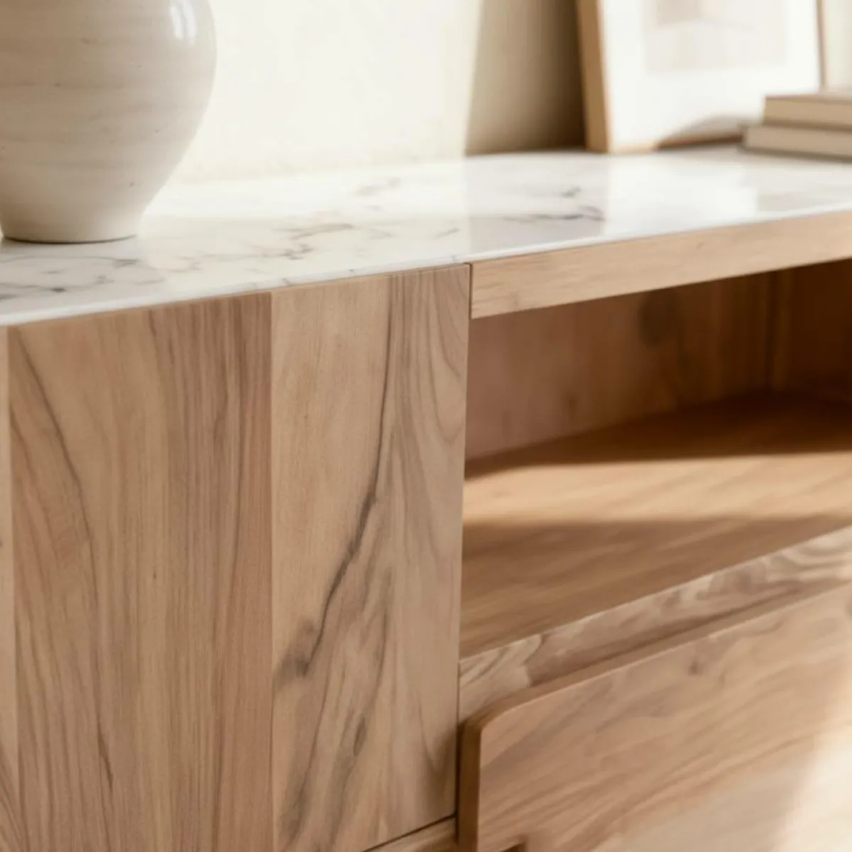 Made in Meubles Meuble TV en bois d'acacia et marbre Tara
