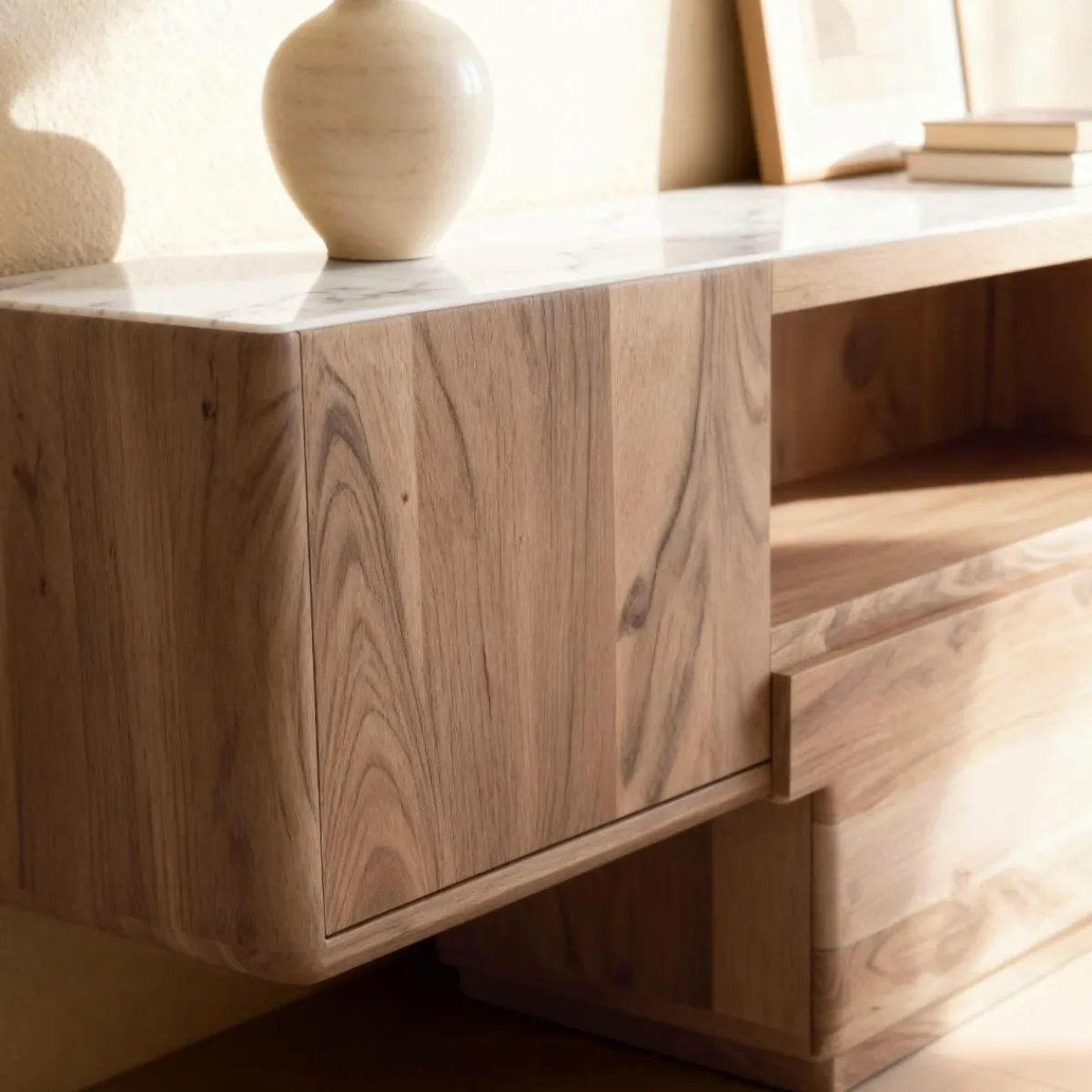 Made in Meubles Meuble TV en bois d'acacia et marbre Tara