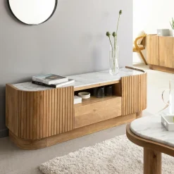 Made in Meubles Meuble TV en bois de manguier et marbre Adler
