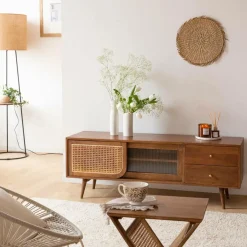 Made in Meubles Meuble TV en bois de manguier et cannage Charline