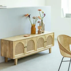 Made in Meubles Meuble TV en bois de manguier et cannage Edana