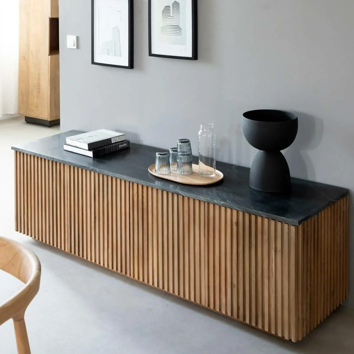 Made in Meubles Meuble TV en bois de manguier et marbre Betty