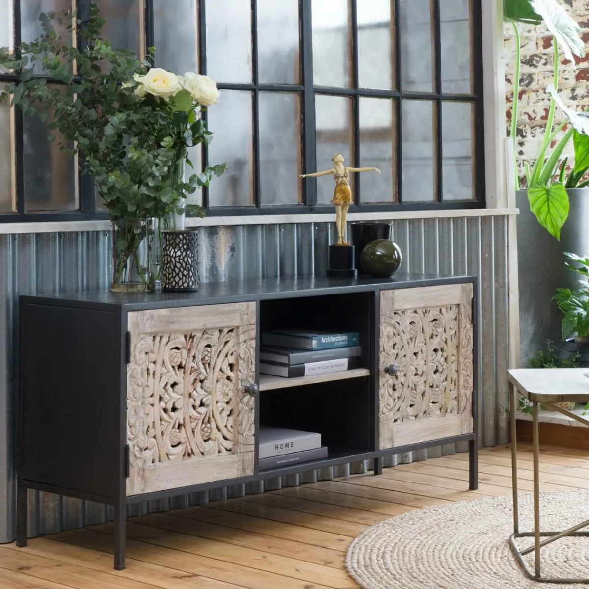 Made in Meubles Meuble TV en bois de manguier blanchi Lila