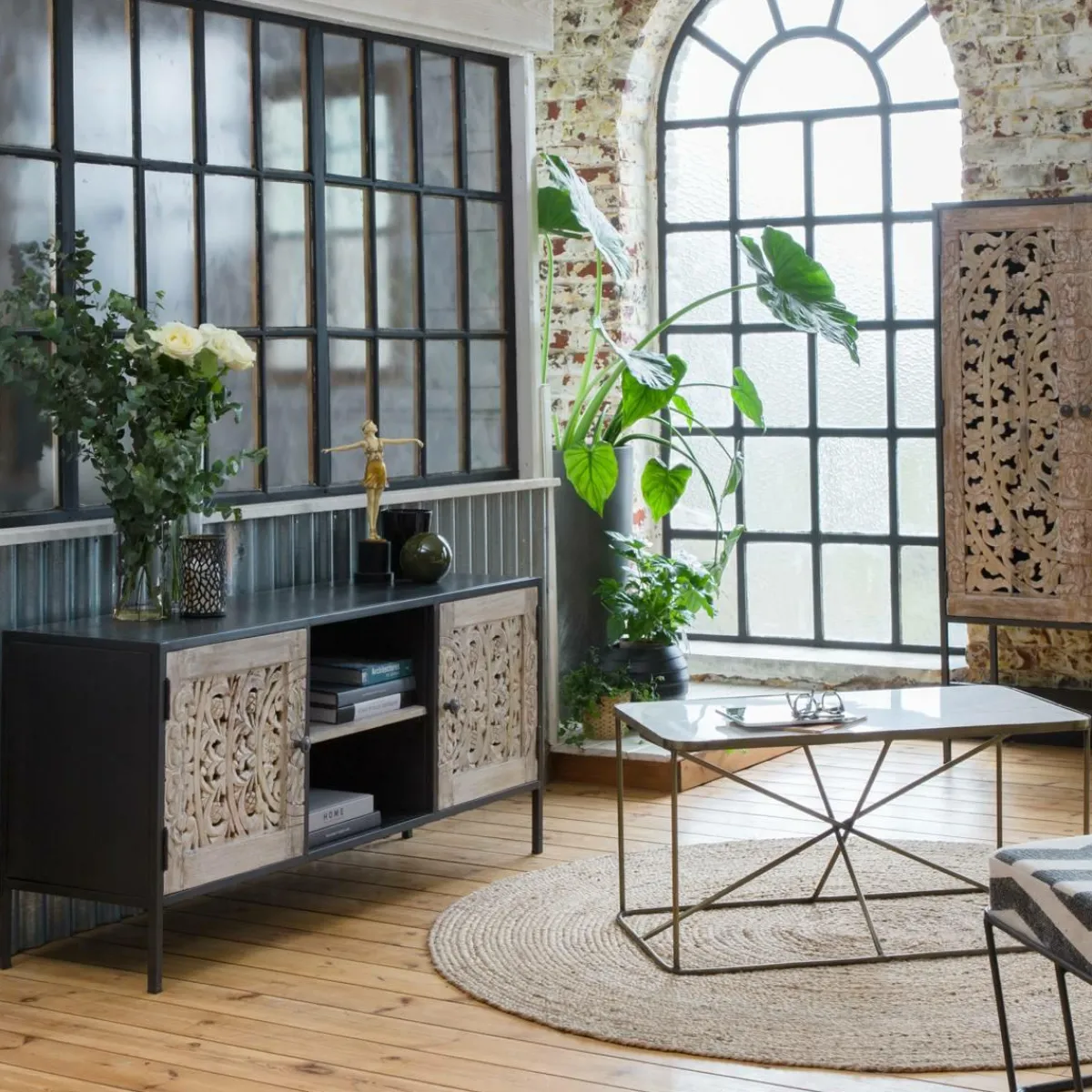 Made in Meubles Meuble TV en bois de manguier blanchi Lila