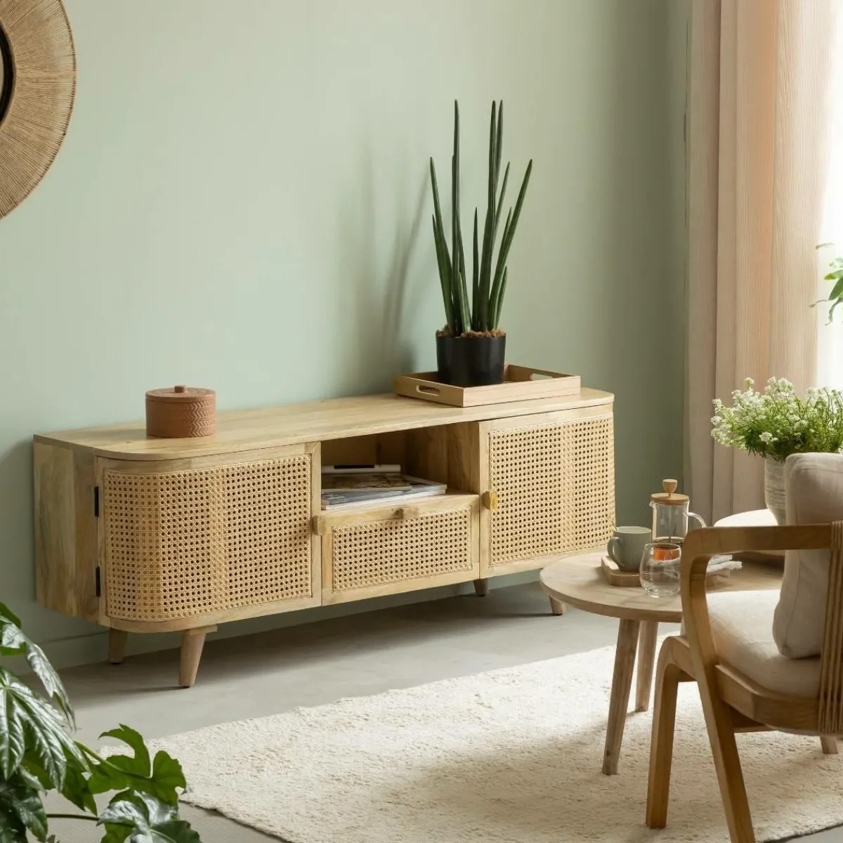 Made in Meubles Meuble TV en bois de manguier et cannage Palma