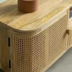 Made in Meubles Meuble TV en bois de manguier et cannage Palma