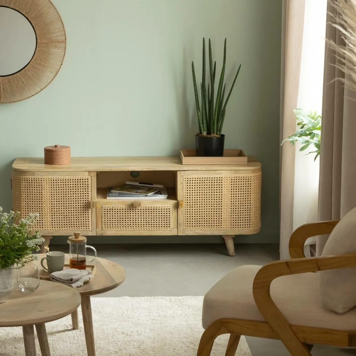 Made in Meubles Meuble TV en bois de manguier et cannage Palma