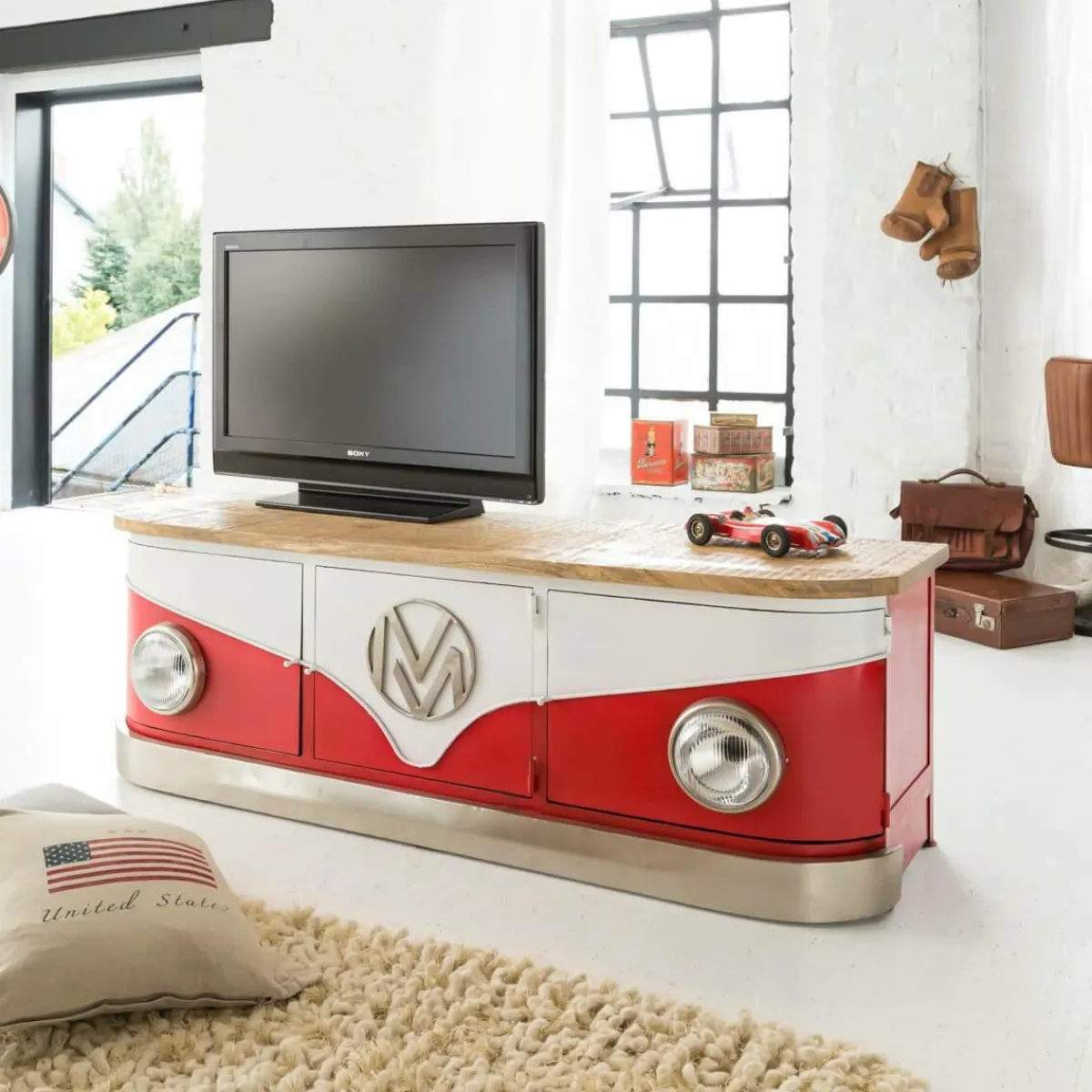 Made in Meubles Meuble TV rouge avec plateau en bois de manguier Combi