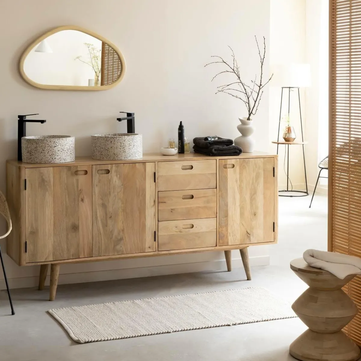 Made in Meubles Miroir abstrait en bois de manguier clair Marley