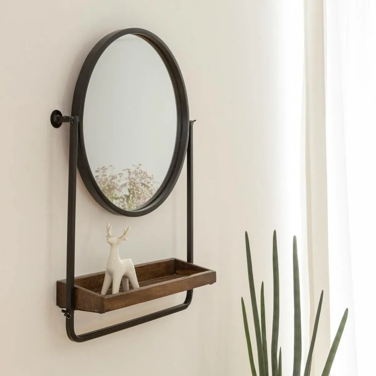 Made in Meubles Miroir rond avec étagère en bois et métal Gary