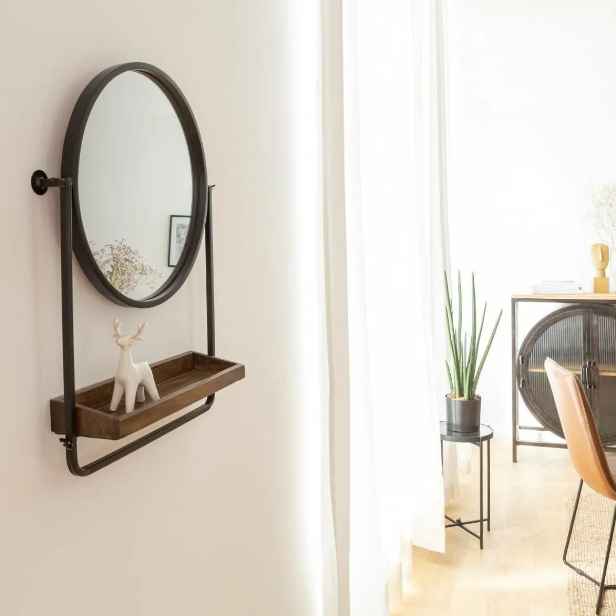 Made in Meubles Miroir rond avec étagère en bois et métal Gary