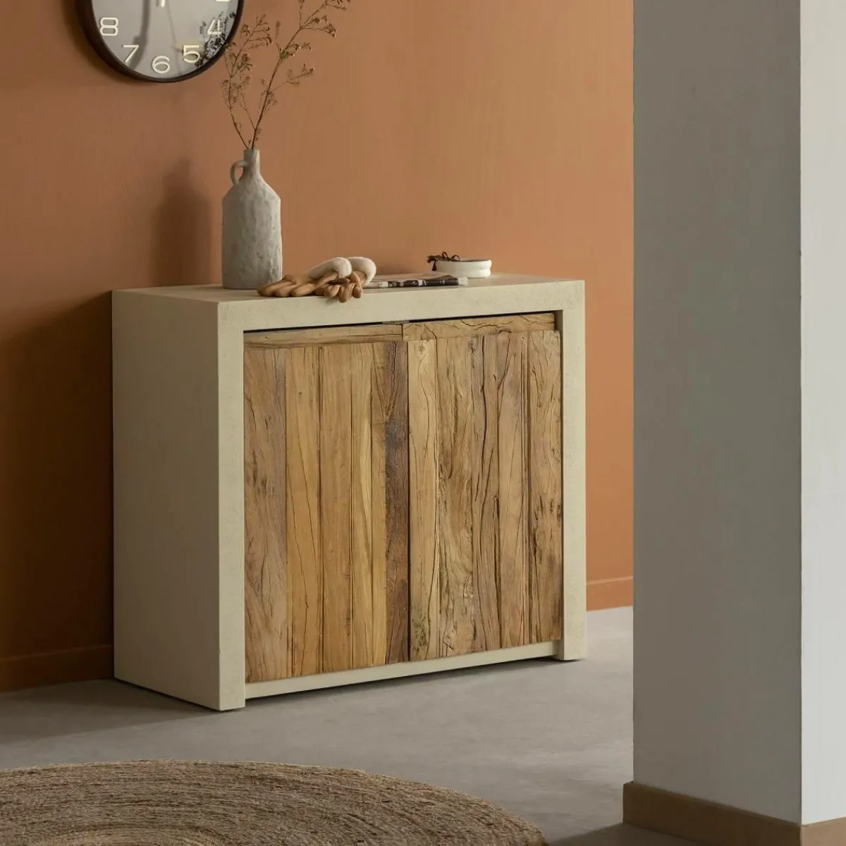 Made in Meubles Petit buffet 2 portes en bois effet béton et bois recyclé Dalva