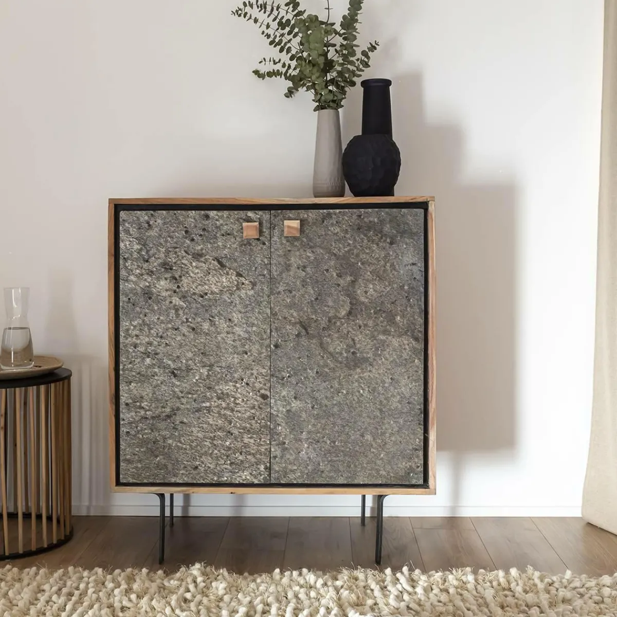 Made in Meubles Petit buffet en bois d'acacia et pierre Côme