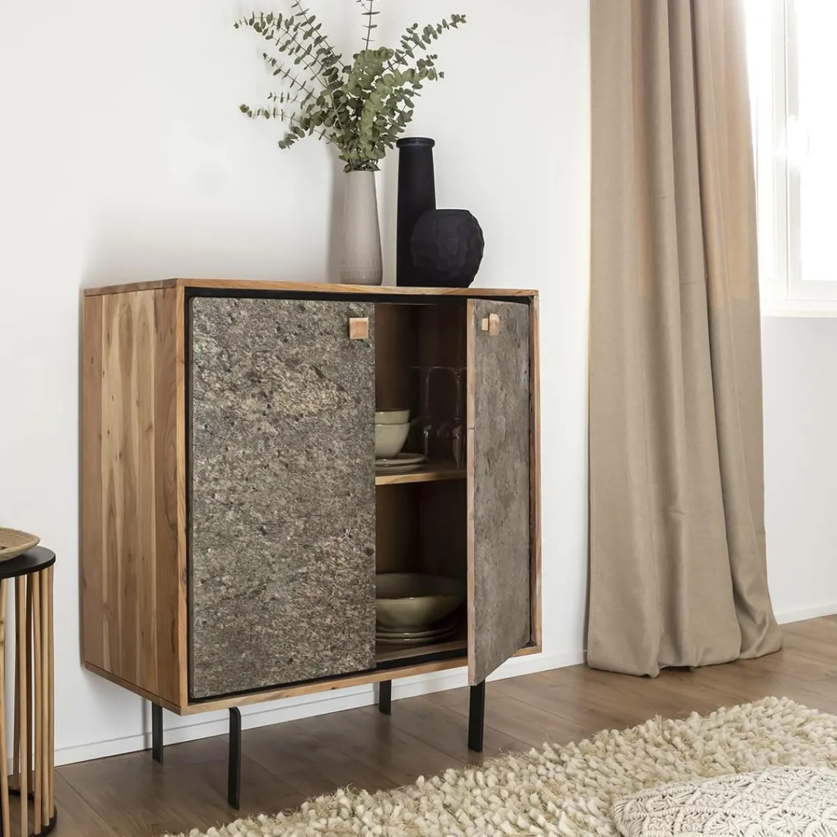 Made in Meubles Petit buffet en bois d'acacia et pierre Côme