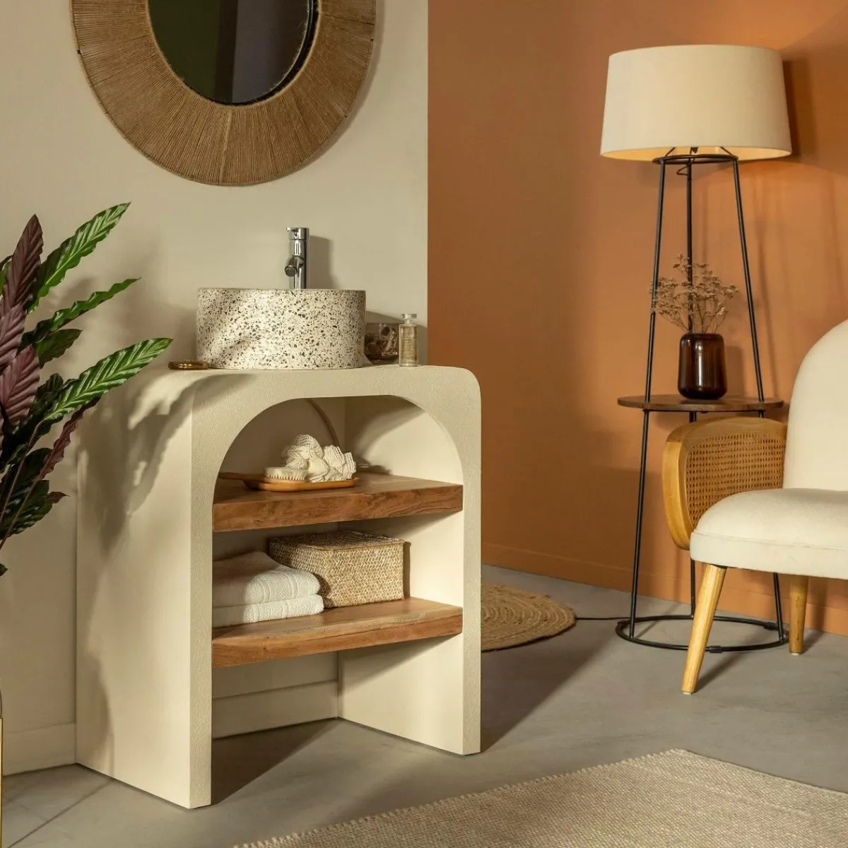 Made in Meubles Petit meuble sous vasque en bois effet béton et bois d'acacia Dalva