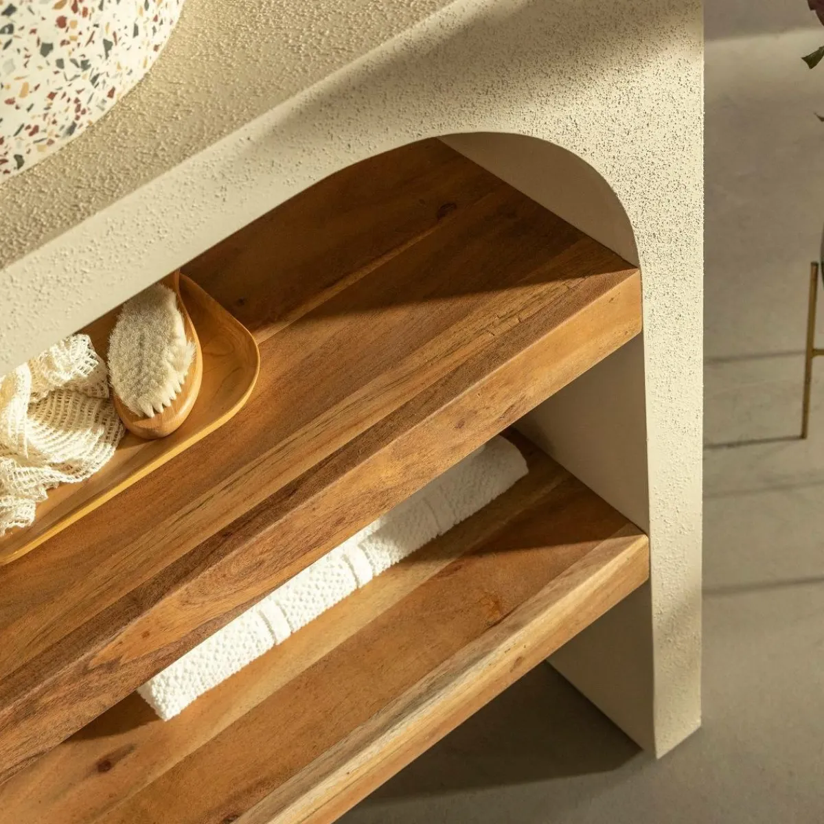 Made in Meubles Petit meuble sous vasque en bois effet béton et bois d'acacia Dalva