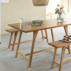 Made in Meubles Table à manger haute + 2 bancs en bois d'acacia Orane