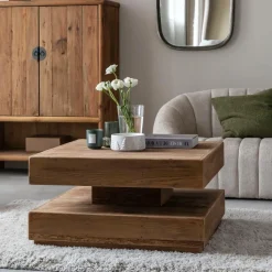 Made in Meubles Table basse carrée à double plateau en bois recyclé Blaise