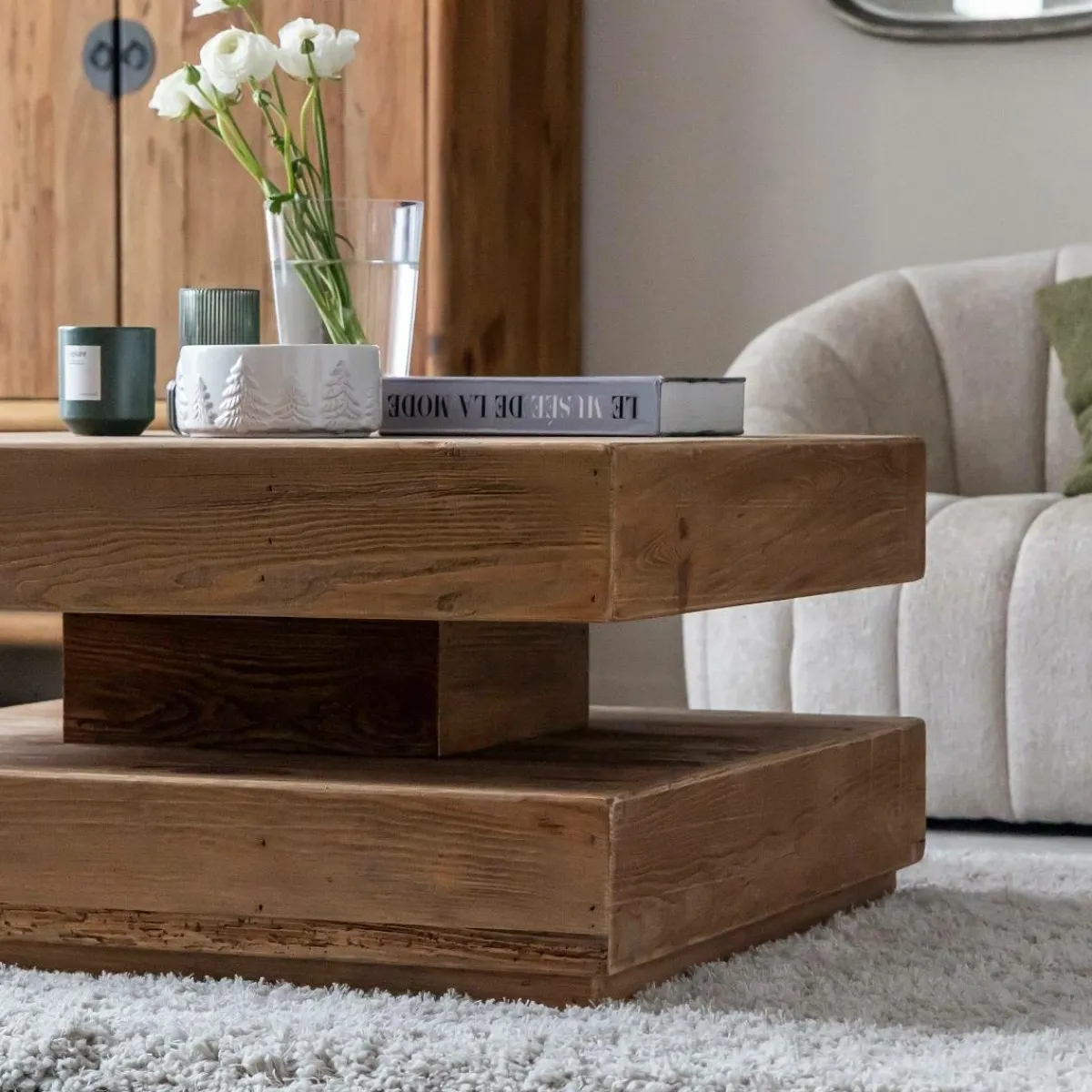 Made in Meubles Table basse carrée à double plateau en bois recyclé Blaise