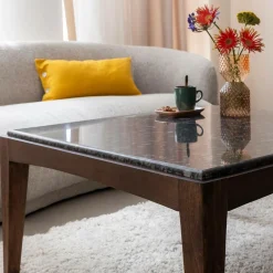 Made in Meubles Table basse carrée en bois de manguier et marbre noir Ilithe
