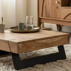 Made in Meubles Table basse carrée en bois d'acacia et métal Cassius