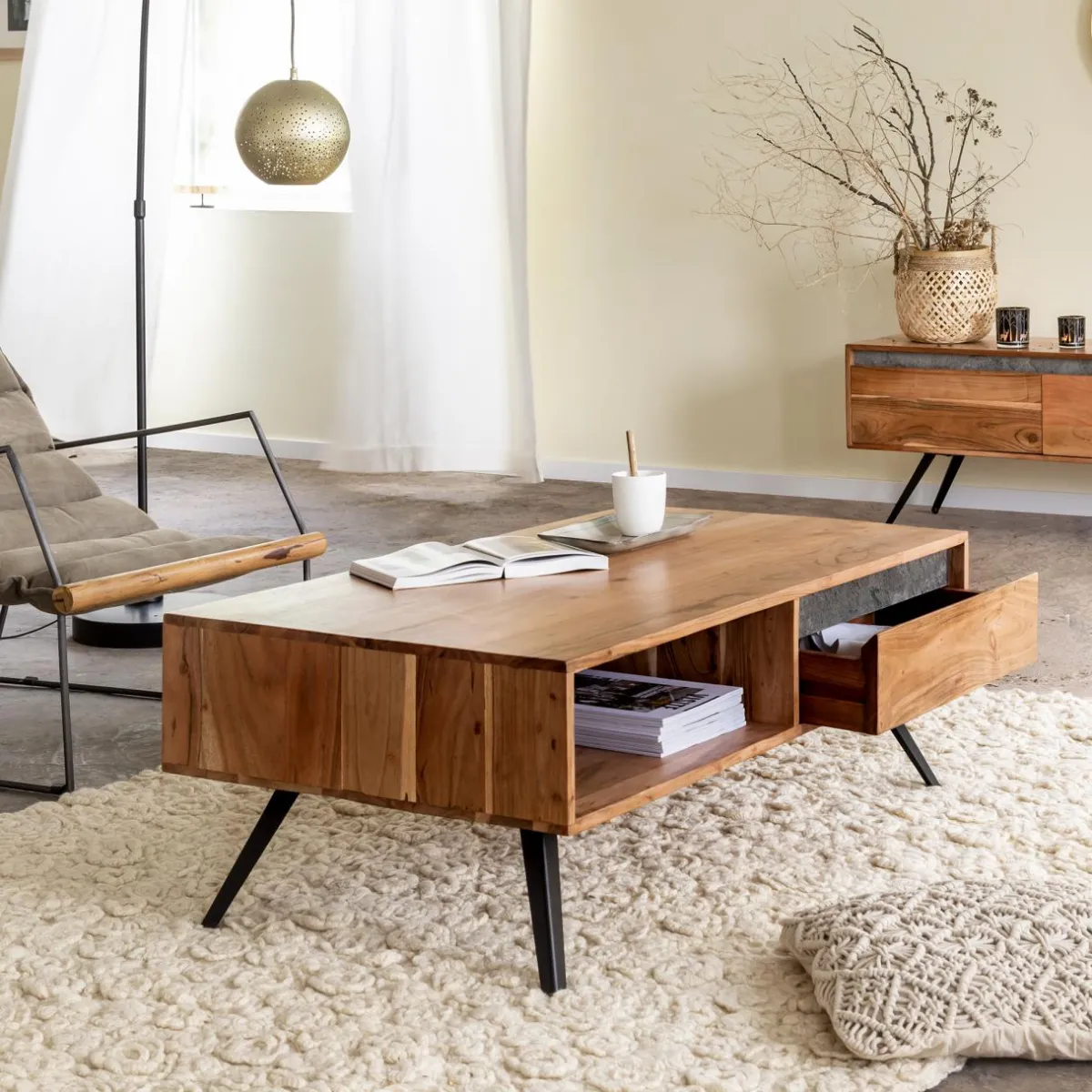 Made in Meubles Table basse en bois d'acacia et pierre Yvan