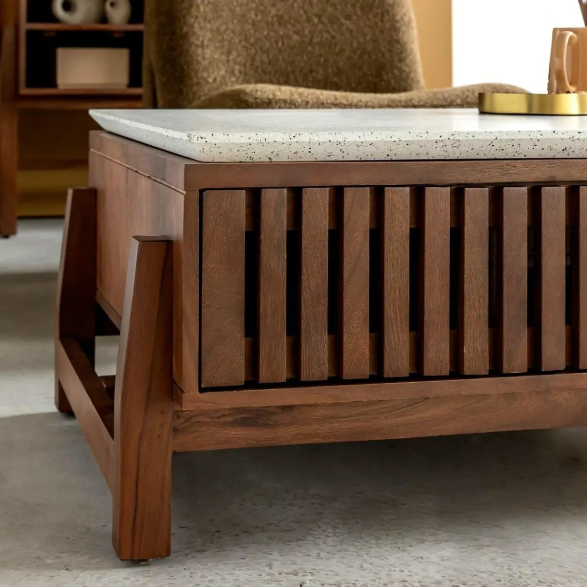 Made in Meubles Table basse en bois d'acacia et terrazzo Kaelis