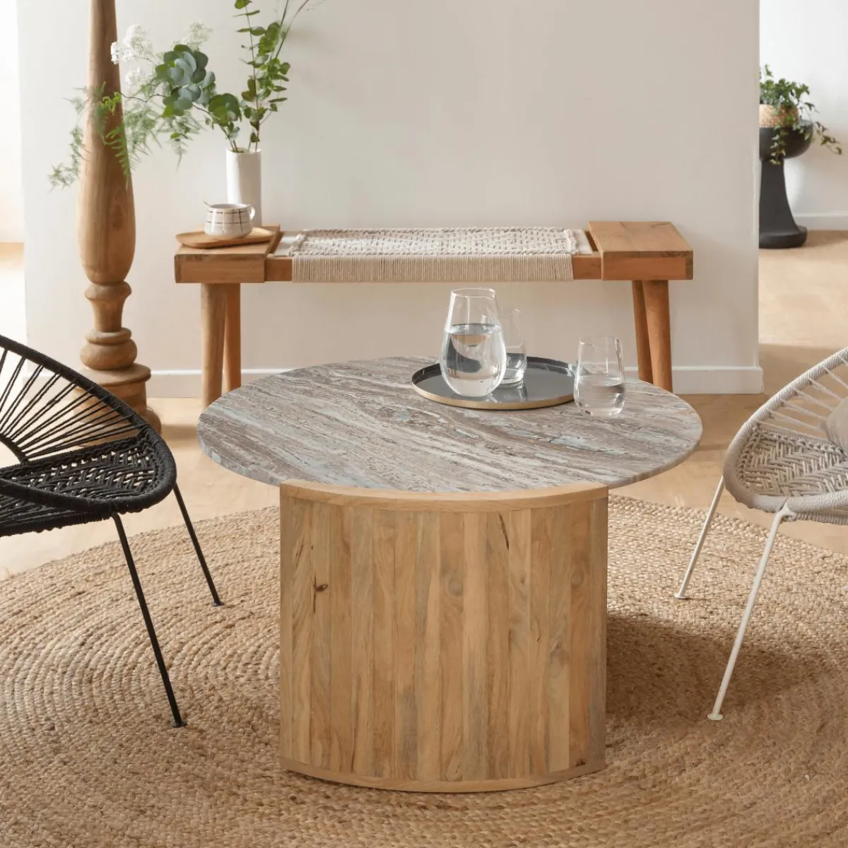 Made in Meubles Table basse en bois de manguier et marbre Isabella